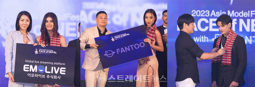 ▲‘2023 페이스 오브 네팔’ (왼쪽부터) 이상희 이사-‘이모라이브상’ Purnika Sijapati, Sumit Shretha-‘팬투상’ Kasish Limbu, 김홍민 대표-‘스포라이브상’ Biyush Gupta / 사진=아시아모델페스티벌조직위원회