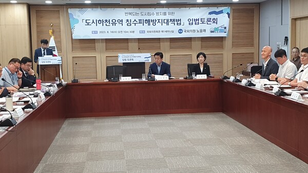 노웅래 의원(더불어민주당, 서울 마포갑)이 16일 오전 10시 30분부터 국회의원회관 제1세미나실에서 개최된 ‘도시침수대책법 입법 토론회’에서 발언하고 있다(사진=이제항 선임기자).