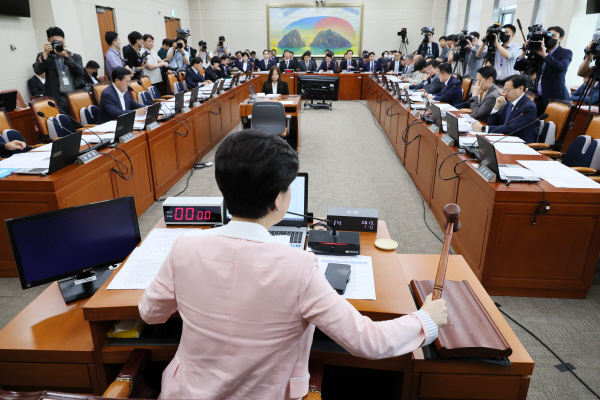 15일 열린 국회 정무위원회 전체회의에서 백혜련 위원장이 의사봉을 두드리고 있다. 연합뉴스