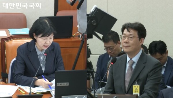 11일 국회 정무위 무소속 양정숙 위원이 국감장에서 증인으로 채택된 현대카드 김덕환 대표에게 애플페이의 과도한 수수료 체계에 대한 문제점을 지적하는 모습. 국회방송 캡쳐.