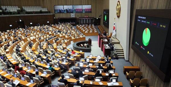 8일 국회 본회의에서 조희대 대법원장 후보 임명동의안이 통과되고 있다. 연합뉴스.