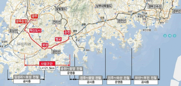 '광주송정~순천 철도건설사업' 기본계획 보고서에 실린 경전선 노선(사진=국가철도공단)