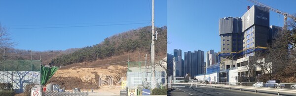 (주)한다리츠가 김해시 삼계동 1027-3번지 일원에 시행 중인 '삼계 푸르지오 센트럴파크'와 미분양 상태에서 공사 중인 '삼계 쌍용 더플레티넘'의 사업장. (이준혁 기자)