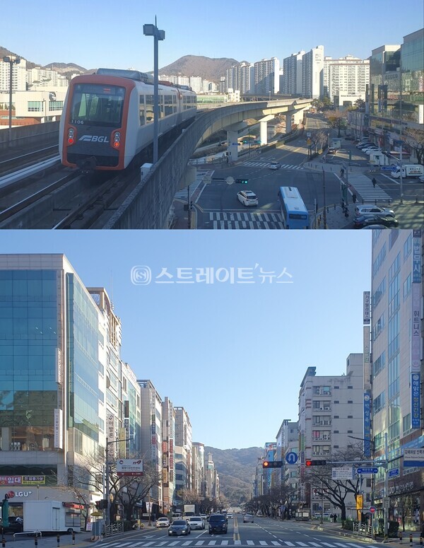 (주)한다리츠가 김해시 삼계동 1027-3번지 일원에 시행 중인 '삼계 푸르지오 센트럺파크'의 입주자들이 이용할 김해경전철과 삼계동 중심상업시설. (이준혁 기자)