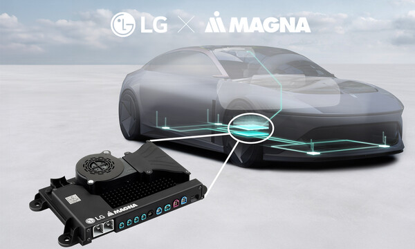 LG전자가 자동차 부품업체 마그나가 협업해 개발한 플랫폼이 차량에 탑재돼 인포테인먼트, 자율주행, 운전자 보조 등의 기능을 통합 관리하는 모습의 개념도. LG전자 제공