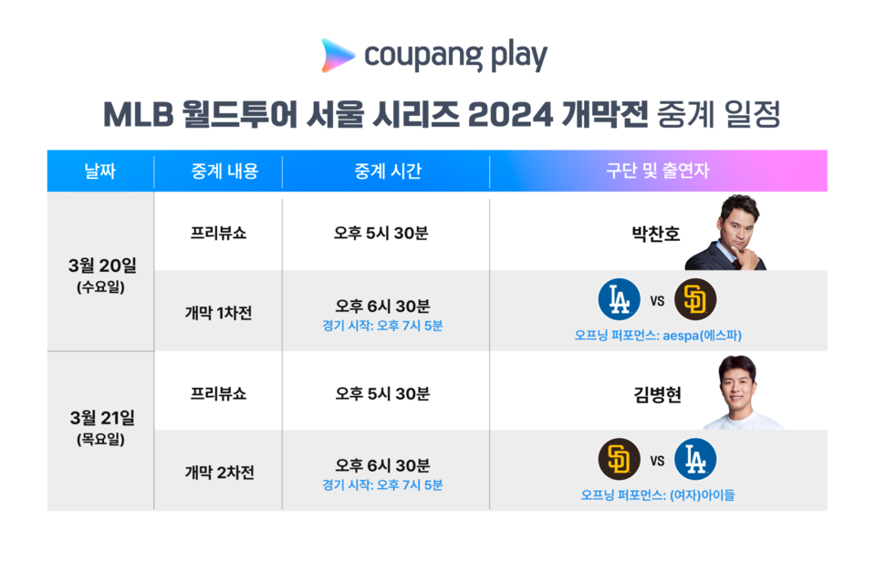 MLB 월드투어 서울 시리즈 2024 개막전 중계 일정표. 쿠팡플레이 제공