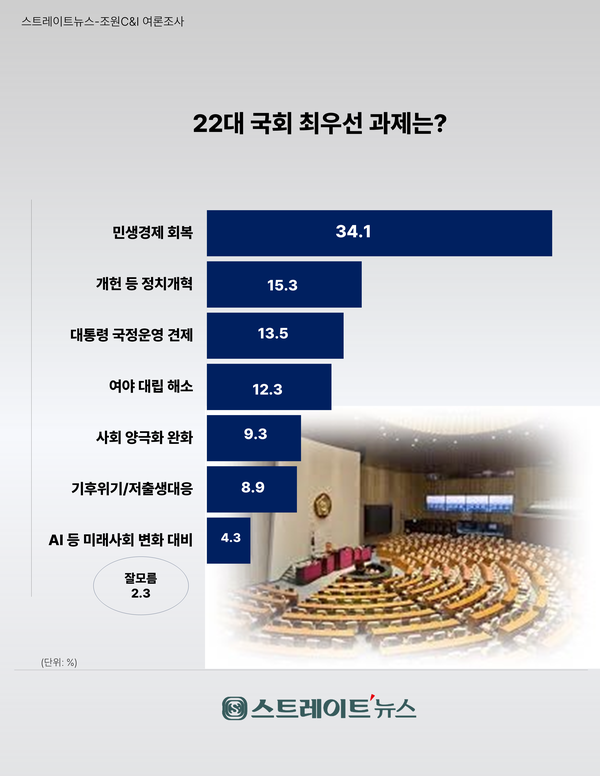 스트레이트뉴스가 여론조사기관 조원씨앤아이에 의뢰해 지난 13~15일 전국 18세 이상 성인 남녀 2013명을 대상으로 22대 국회 최우선 과제에 대해 물었더니 ‘민생 경제 회복’ 34.1%, ‘개헌 등 정치개혁’ 15.3%, ‘대통령 국정운영 견제’ 13.5%, ‘여야 대립 해소’ 12.3%, ‘사회 양극화 완화’ 9.3%, ‘기후위기/저출생 대응’ 8.9%, ‘AI 등 미래사회 변화 대비’ 4.3% 등 순으로 꼽았다. ‘잘 모름’ 응답률은 2.3%로 집계됐다. ⓒ스트레이트뉴스