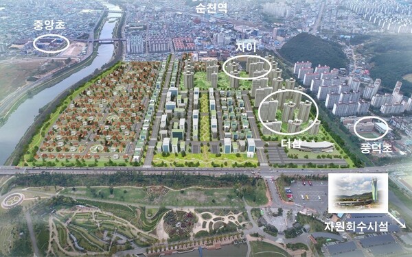 전남 순천 풍덕도시개발지구 계획도. 풍덕지구에는 GS건설의 자이와 포스코이앤씨의 더샵이 순차적으로 분양 예정이다. 청약홈은 GS,건설의 '순천그랜드파크자이'가 1순위 청약에서 평균 11.30대 1의 경쟁률을 기록했다고 밝혔다. 자료  : 순천시청