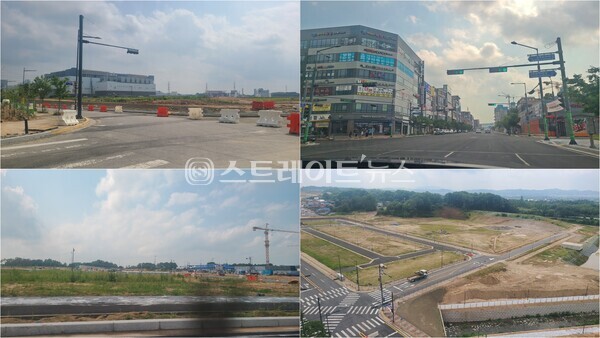 ​충북 청주 테크노폴리스의 조성 현장(상단 왼쪽부터)과 중심상업시설, A7블록 아테라 2차, S3블록 힐데스하임 주상복합 아파트 자리. (사진 : 김화집 선임기자)