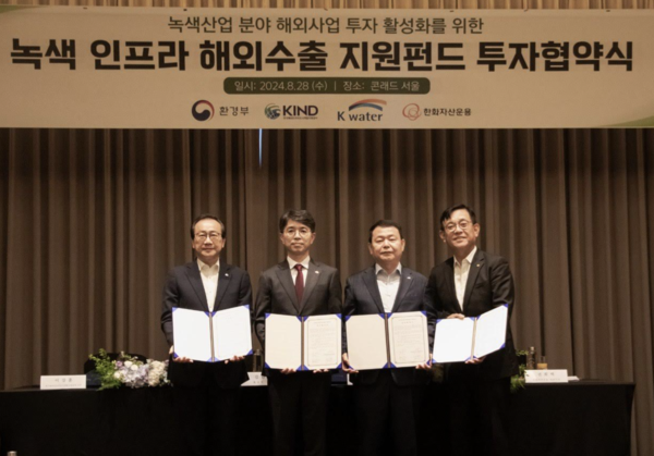 (왼쪽부터) 김완섭 환경부 장관, 이강훈 KIND 사장, 윤석대 한국수자원공사 사장, 권희백 한화자산운용 대표. 한화자산운용 제공.