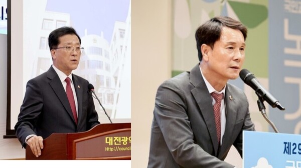 조원휘 대전시의회 의장(국민의힘 유성구3)(왼쪽)과 전반기 의장 이상래 의원(국민의힘 동구). 자료사진.