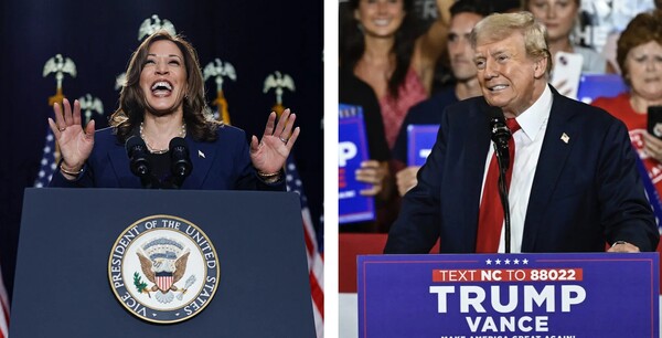 밀워키에서 첫 유세에 나선 민주당 대선 후보 카멀라 해리스 부통령(7월 23일)과 노스캐롤라이나 유세에 나선 공화당 대선 후보 도널드 트럼프 전 대통령(7월 24일) (사진: AFP/AP/연합뉴스)