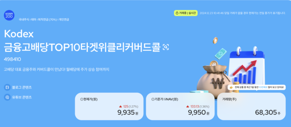 삼성자산운용은 이번달 17일 ‘KODEX 금융고배당TOP10 타겟위클리커버드콜 ETF’를 상장했다. 삼성자산운용 홈페이지.