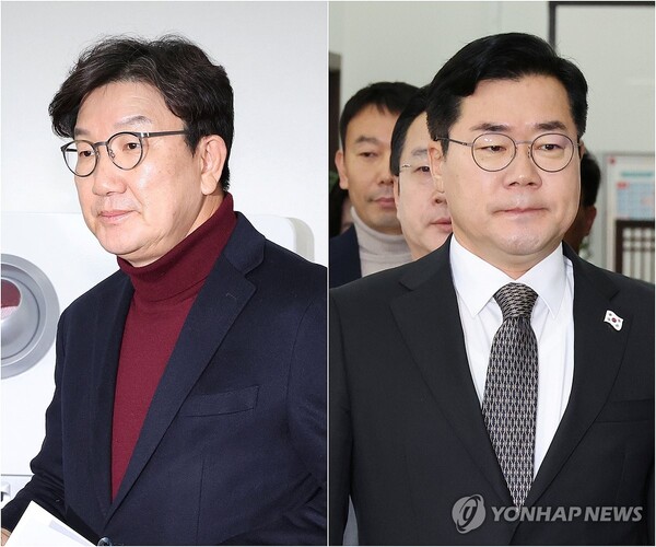 국민의힘 권성동{왼쪽} 당 대표 권한대행 겸 원내대표와 더불어민주당 박찬대 원내대표. 연힙뉴스