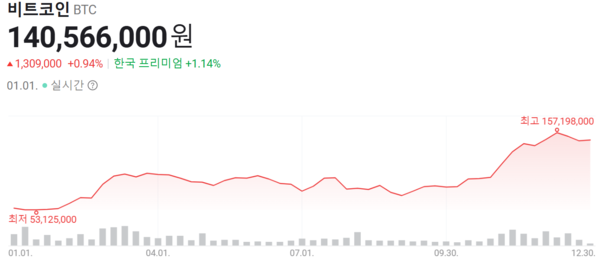 2024년 한해 130% 상승한 비트코인 시세. 업비트 제공.