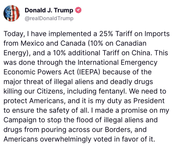 도널드 트럼프 미국 대통령 소셜미디어 게시물 화면.