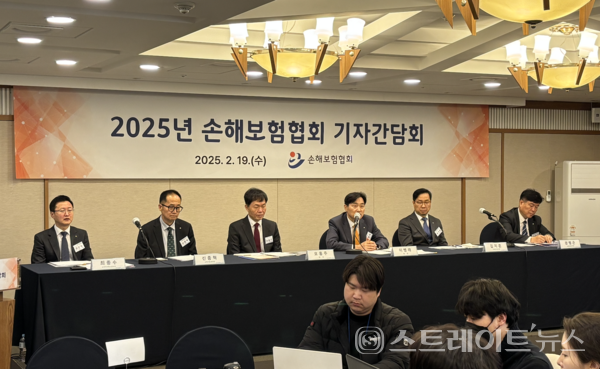 19일 이병래 손해보험협회장(왼쪽에서 네 번째), 최종수 손해보험협회 본부장(왼쪽에서 첫 번째) 등이 2025 손해보험협회 기자간담회에 참석한 모습.