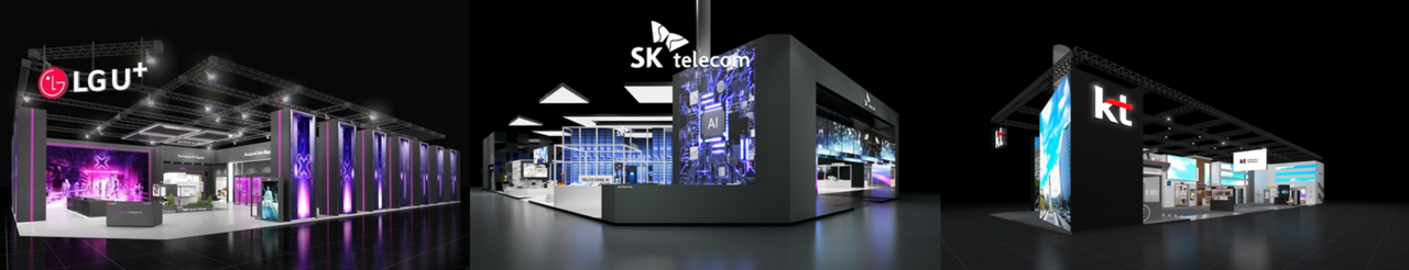 국내 통신3사의 MWC25 부스 조감도. (왼쪽부터)LG유플러스, SK텔레콤, KT. 각 사 제공