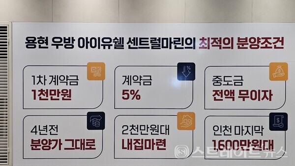 ◇'용현 우방 아이유쉘 센트럴마린' 견본주택 내부에 부착된 분양조건 안내용 현수막. (사진=이준혁 기자)