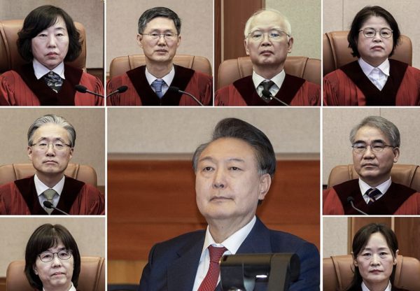 사진 윗줄 왼쪽부터 시계방향으로 헌법재판소 대심판정에 앉은 정계선, 문형배, 정형식, 김복형, 조한창, 정정미 헌법재판관, 윤 대통령, 이미선, 김형두 헌법재판관. 연합뉴스 제공.