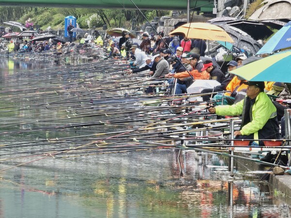 지난해 열린 ‘제1회 의령홍의장군 전국민물낚시대회’ 에서 의령천을 따라 줄지어 앉은 참가자들이 낚싯대를 드리우며 대회에 열중하고 있다. 의령군 제공