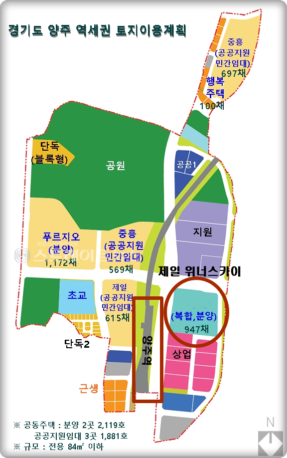 경기도 양주역 역세권 토지이용계획. 제일건설의 '양주역 제일풍경채 위너스카이'는 양주역세권을 대표하는 주거랜드마크급이다.