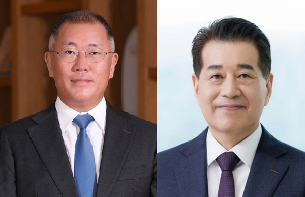 정의선 현대자동차그룹 회장(왼쪽)과 장인화 포스코그룹 회장. 각 사 제공