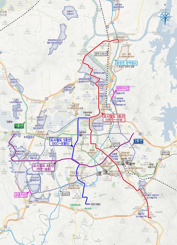 대전시 도시철도망 3․4․5호선 포함 63.43km 노선. 대전시 제공.