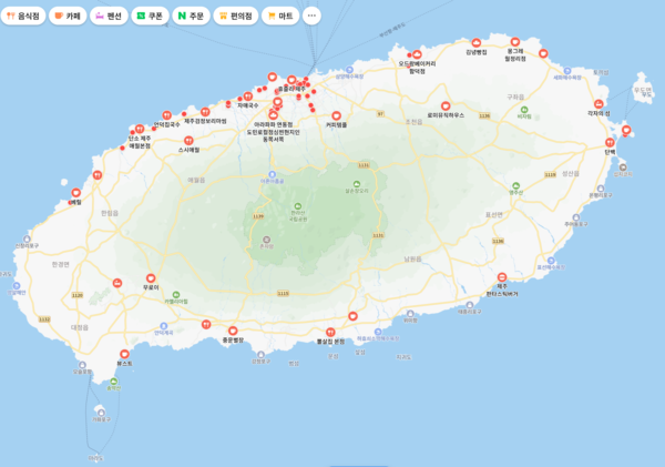 제주도 내 해안선을 중심으로 형성된  네이버페이(Npay) 결제 가능 가맹점. 네이버페이 블로그 캡처.