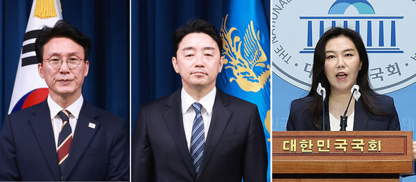 왼쪽부터  김민석 국무총리 후보자, 강훈식 대통령 비서실장, 강유정 대통령실 대변인. 연합뉴스.  