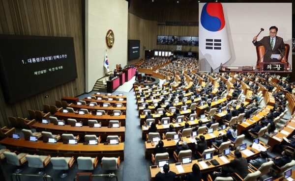 지난해 12월 14일 오후 윤석열 대통령 탄핵소추안이 통과된 국회 본회의장 모습. 우원식 국회의장이 탄핵소추안 가결을 선포하고 있다. 연합뉴스