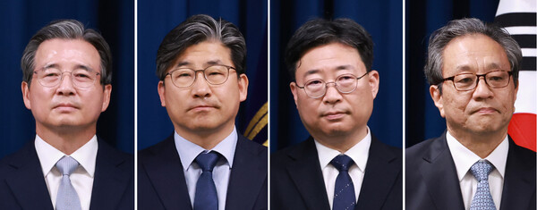 이재명 대통령이 6일 대통령실 추가 인선과 조직 개편을 발표했다. 왼쪽부터 김용범 정책실장, 유덕현 재정기획보좌관,  하준경 경제성장수석, 문진영 사회수석. 연합뉴스. 