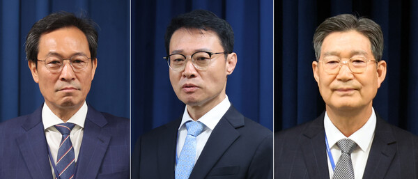 이재명 대통령은 8일 대통령실 정무·홍보·민정수석을 임명했다. 왼쪽부터 우상호 정무수석, 이규연 홍보소통수석, 오광수 민정수석. 연합뉴스. 