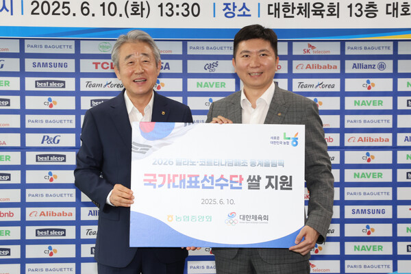 농협중앙회 강호동 회장(왼쪽)과 유승민 대한체육회장. 농협 제공.