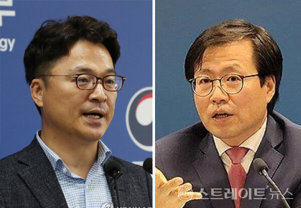 ​이재명 대통령은 10일 오후 기획재정부·외교부·산업통상자원부 차관급 인사를 발표했다. 왼쪽부터 새로 임명된 산업통상자원부 문신학 1차관, 여한구 통상교섭본부장. 연합뉴스. 