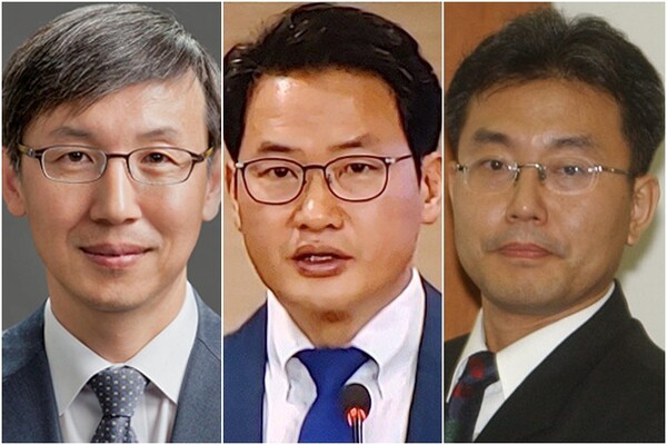 조국혁신당 '3대 특검법' 특별검사 후보자. 왼쪽부터 한동수 전 대검찰청 감찰부장, 심재철 전 법무부 검찰국장, 이명현 전 국방부 검찰단 고등검찰부장. 연합뉴스.  