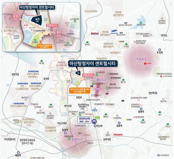 GS건설이 충남 아산시 탕정면 동산리 147-4번지(아산신도시 센트럴시티 도시개발사업지구 A2BL)에 공급하는 '아산탕정자이 센트럴시티 A2BL'의 입지. GS건설 제공