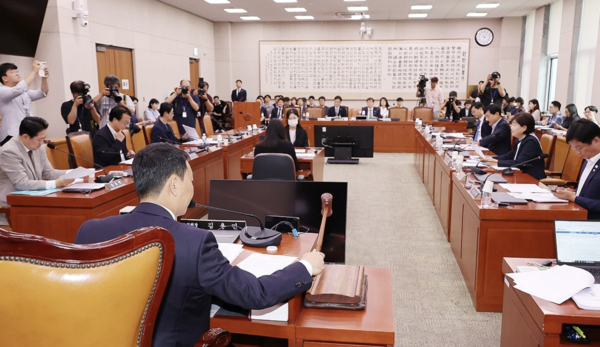 2일 국회 법제사법위원회 법안심사제1소위원회에서 더불어민주당 소속 김용민 소위원장이 상법 일부개정법률안 등 안건을 상정하며 의사봉을 두드리고 있다. 연합뉴스 제공.