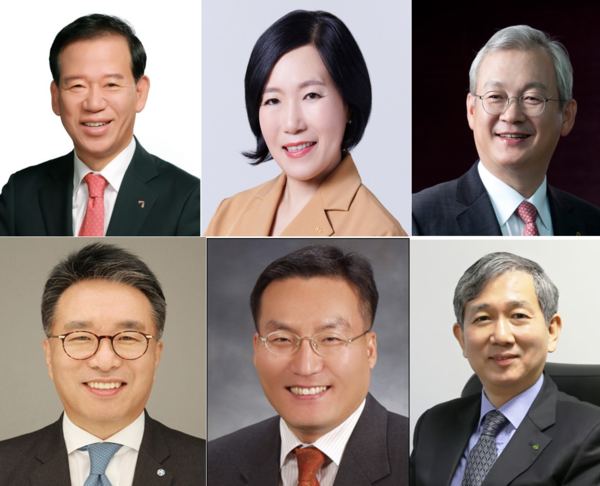차기 금융투자협회장 하마평에 오르는 금투업계 전·현직 CEO들. (왼쪽 상단부터 시계방향으로) 서유석 현 금투협회장, 박정림 전 KB증권 사장, 정영채 전 NH투자증권 사장, 황성엽 신영증권 사장, 이현승 전 KB자산운용 사장, 서명석 전 유안타증권 사장. 당시 각 소속사 제공.