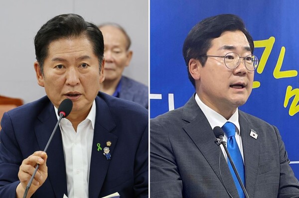 더불어민주당 당대표 후보 등록을 마친 정청래 의원(왼쪽), 박찬대 의원. 연합뉴스. 