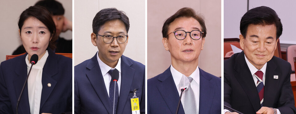 국회는 14일 여성가족부, 과학기술정보통신부, 통일부, 해양수산부 장관 후보자 4명에 대한 인사청문회를 열었다. 왼쪽부터 강선우 여성가족부 자관 후보자, 배경훈 과학기술정보통신부 장관 후보자, 전재수 해앙수산부 장관 후보자, 정동영 통일부 장관 후보자. 연합뉴스. 