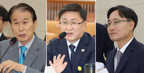 왼쪽부터 권오을 국가보훈부 장관 후보자, 김성환 환경부 장관 후보자, 임광현 국세청장 후보자. 연합뉴스. 