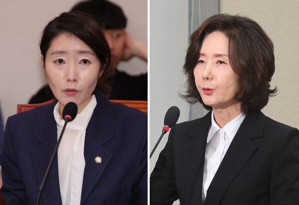 강선우 여성가족부 장관 후보자(왼쪽), 이진숙 부총리 겸 교육부 장관 후보자. 연합뉴스. 