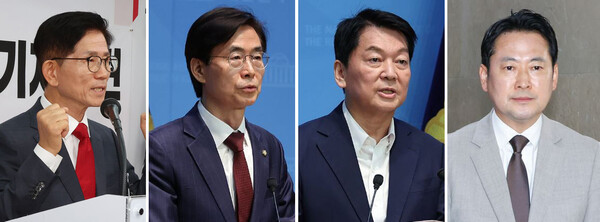 국민의힘 당대표 출마자. 왼쪽부터 김문수 전 고용노동부 장관, 조경태 의원, 안철수 의원, 장동혁 의원. 연합뉴스. 
