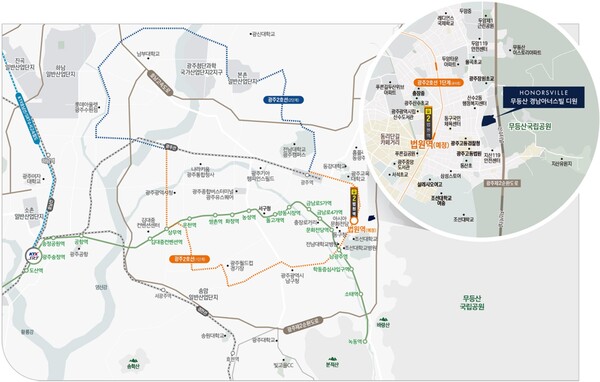 SM스틸 건설부문이 시행·시공해 광주광역시 동구 산수동 산 67-23번지 일원에 공급하는 '무등산 경남아너스빌 디원'의 입지. 무등산국립공원 숲세권이나 인근 단지 대비 1.2억 고가에 고갯길, 좁은 소로 등으로 현지에서는 청약 성적을 크게 기대하지 않는 분위기다. SM스틸 제공