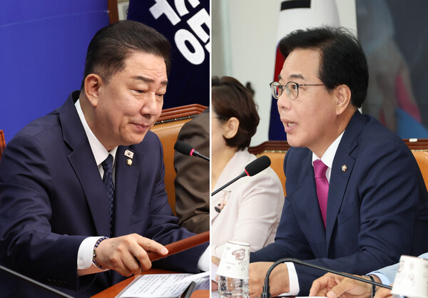 더불어민주당 김병기 대표 직무대행 겸 원내대표9왼쪽), 국민의힘 송언석 비상대책위원장. 연합뉴스. 