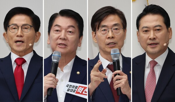 국민의힘 당대표 후보에 출마한 김문수 전 고용노동부 장관, 안철수·장동혁·조경태 의원. 연합뉴스. 