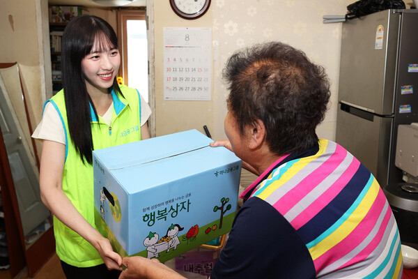 하나금융그룹 직원이 서울시 북아현동 장애인 가정에 방문해 행복상자를 전달하는 모습. 하나금융 제공.