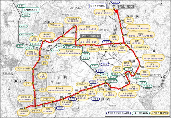 대전시, 도시철도 2호선 트램 정거장 명칭 노선도. 대전시 제공.