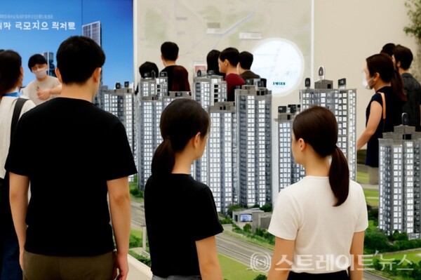 남양주 왕숙2지구의 첫 민간참여 공공분양주택 ‘왕숙 푸르지오 더 퍼스트’의 모델하우스 방문객들이 단지모형을 살펴보고 있다. 김태현 기자